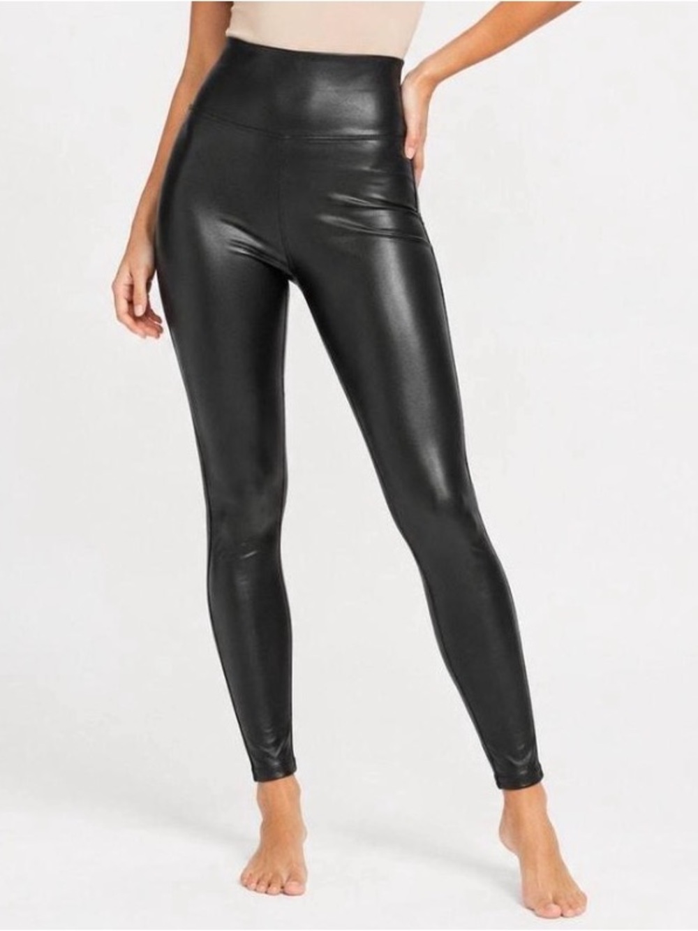 High-Waist Black Faux Leather Leggings Women large NEW Deadstock gameday holiday
